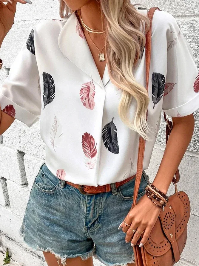 

2024 Spring Elegant Women's Shirt Printed Short Sleeve Casual Shirts Female Blouse Fashion Trendy Elegant Formal Clothes Tops