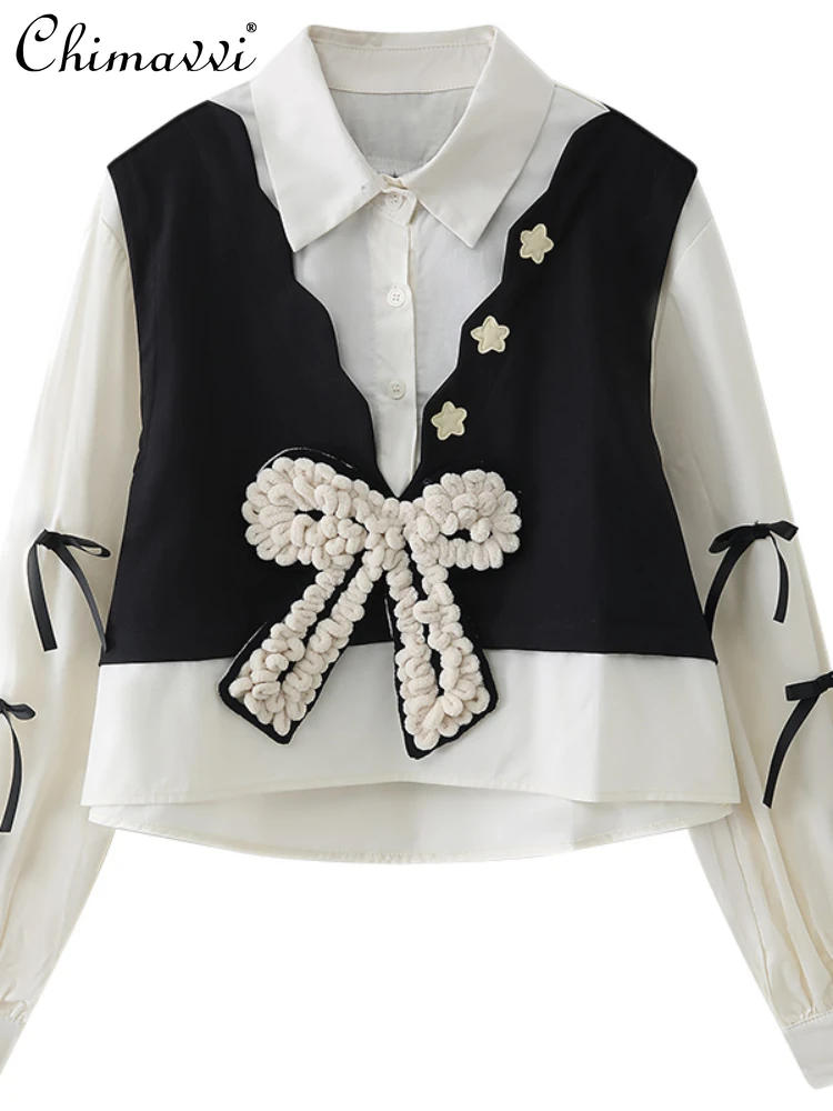 Sweet Cute Fake Two-Piece Women's Shirts 2023 Autumn Winter Fashion New Retro Preppy Style Long Sleeve Polo Collar Blouse