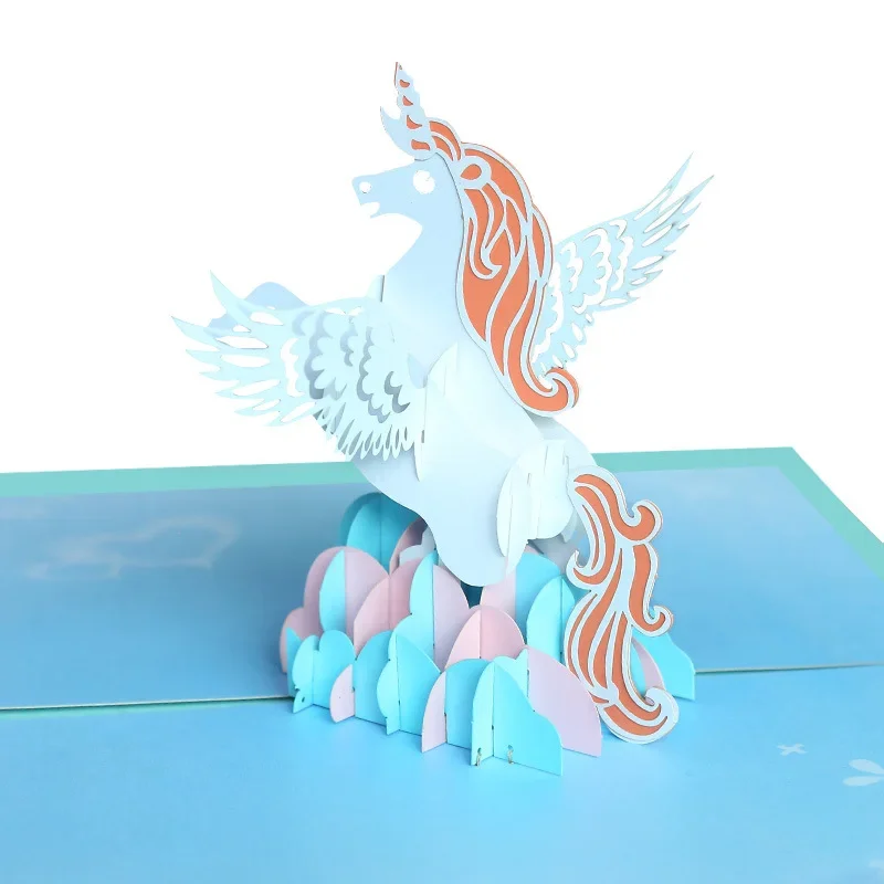3D pop-up greeting card unicorn personality flying horse three-dimensional paper carving fairy tale holiday cards gift