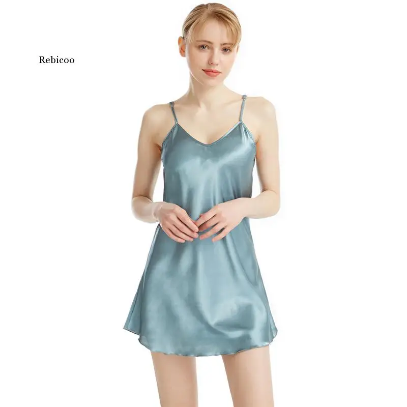 

Satin Sleepwear Nightgown Women Sexy Spaghetti Strap Nightdress Intimate Lingerie Soft Sleep Dress Casual Home Dressing Gown