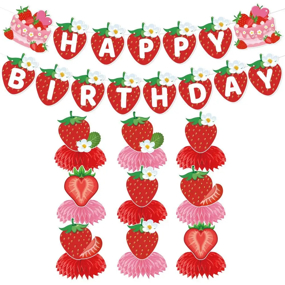 Creative Birthday Party Supplies Kawaii Paper Banners Strawberry Hanging Banners Fruit Picks Strawberry Theme