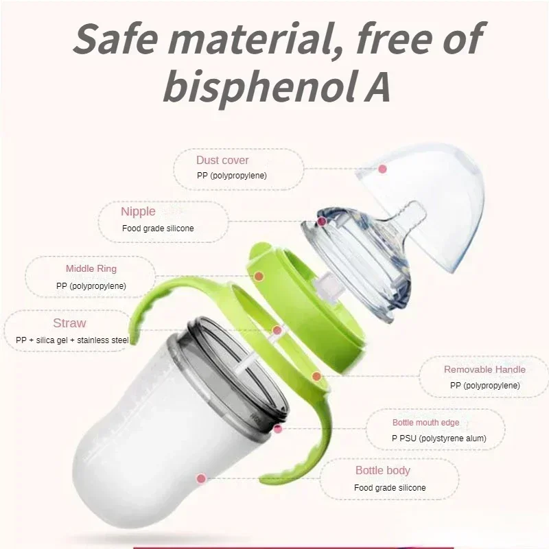 Silicone Nano Baby Bottle Feeding Bottles with Handle for Baby Weaning Anti-Choking Nipple Bottle for 0-9 Month 150ML/250ML