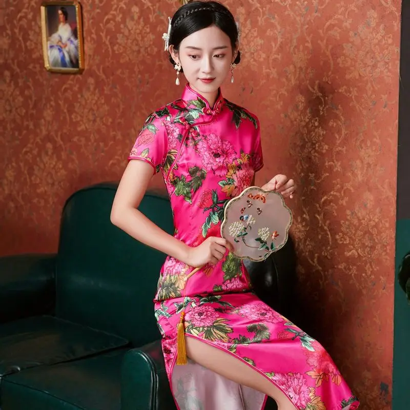 Vintage Slim Chinese Traditional Cheongsam Short Sleeve Split Dress Women Long Qipao Dress 5XL Various Color chinese dress