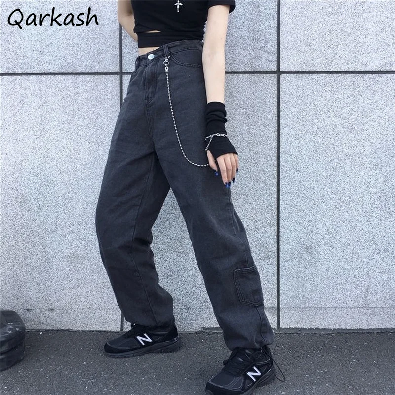 

Jeans Women Design Pockets Bundle Feet Denim Trousers Tooling Harajuku Streetwear Hip Hop Stylish Retro Wide Leg Jean Unisex BF