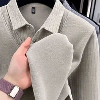 Pull pour hommes col Polo étiquette Patchwork rayures doublure en laine peluche tricoté épaissi pull marque de luxe impression Thermo vêtements pour hommes 4