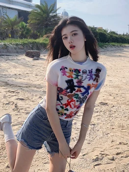 تي شيرت نسائي بأكمام قصيرة مطبوع عليها رسومات ، هاراجاكو ، تي شيرت على الموضة الكورية ، ملابس علوي ، ملابس الشارع العتيقة ، رقبة دائرية ، الصيف ، Y2k 5