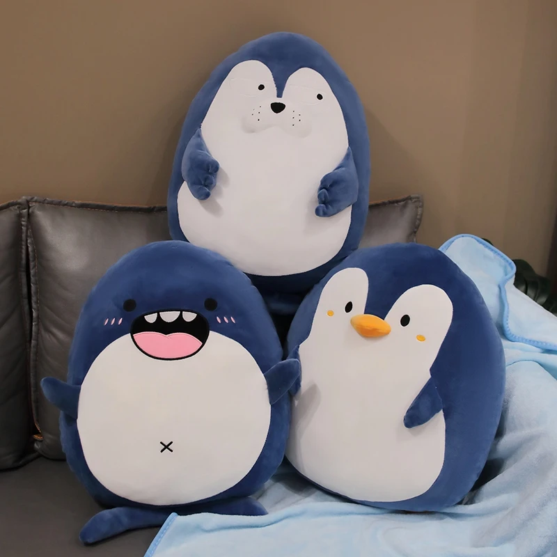 Cartoon Shark Penguin Plush Toy 2 In 1 Pillow With Blanket Cute Stuffed Animals Seal Plushies Doll Kawaii Soft Kids Toys Gifts