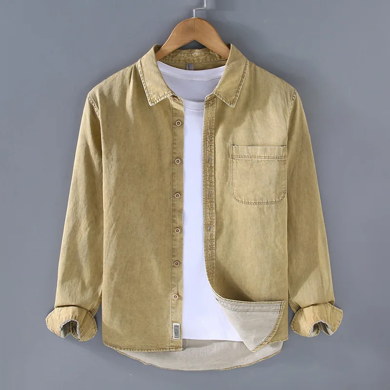 Japanese Fashion Denim Shirt Men Spring Autumn Washed Heavy Jean Tops Casual Pure Cotton Shirts