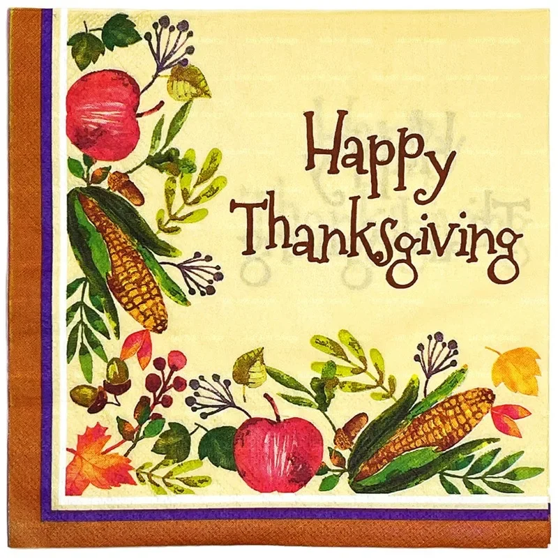 10/20pcs 33cm Thanksgiving Elements Corn Maple Leaf Vegetables Fruit Brown Edge Yellow Background Thanksgiving Coloured Napkins