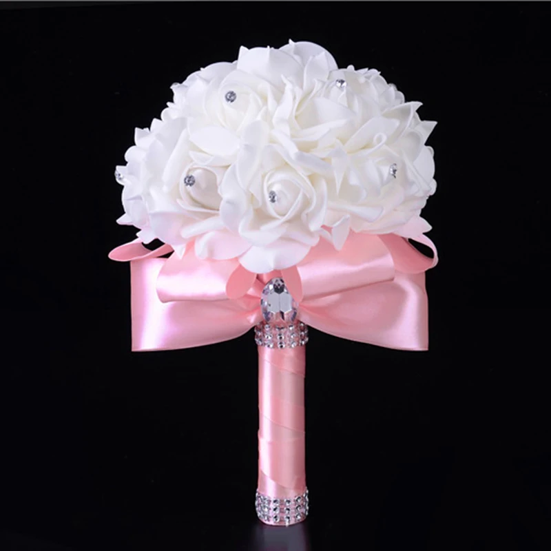 PE Rose Bridesmaid Wedding Foam flowers Rose Bridal bouquet Ribbon Fake Wedding bouquet wedding bouquets artificial rose flowers