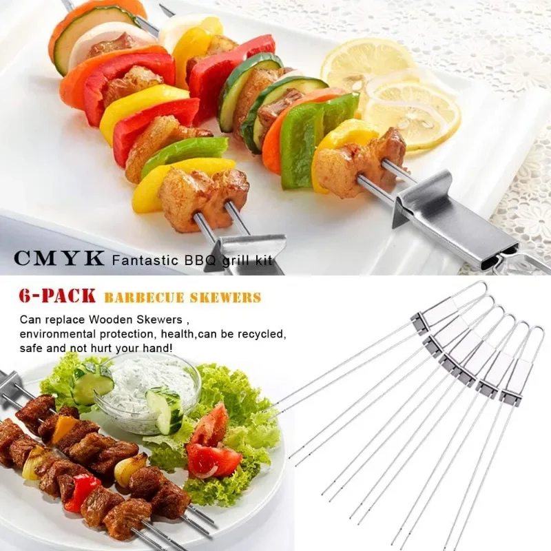 Reusable Barbecue Needle Wide Flat Barbecue Fork Stainless Steel Double Needle Skewers Household Accessories