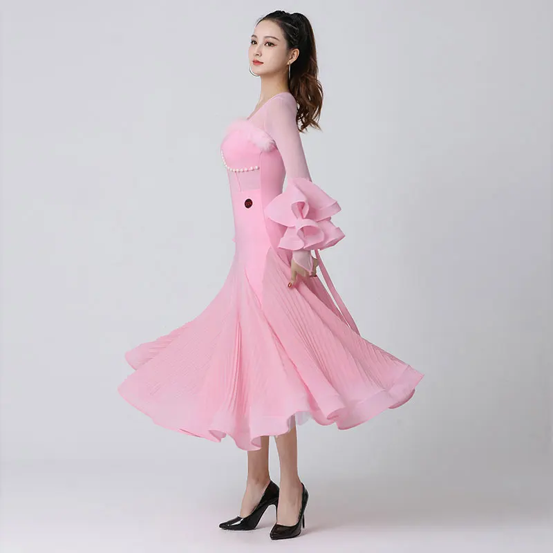 Doubl Pink Morden Dance New Ballroom Dance Waltz Dress Dance Suit Practice Dress Long Sleeves