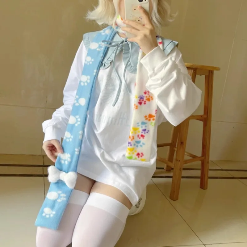 Kawaii Dog Footprints Patchwork Long Scarf for Girls with Bone Pin Fluffy Contrast Color Coral Velvet Women Scarf Japanese Style