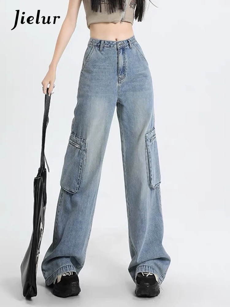 Jielur American High Waist New Women's Jeans Autumn Streetwear Straight Loose Chic Pockets Light Blue Casual Female Cargo Pants women s jeans korean version was thin and high nine points jeans summer loose stitching fake pockets wild straight pants female