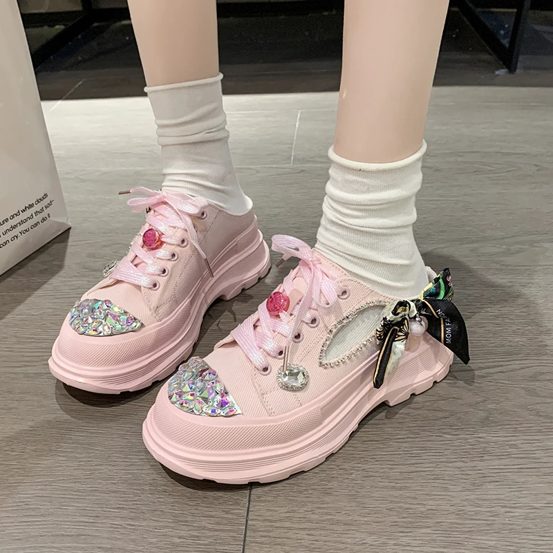 

Summer Luxury Women's Slippers Designer Platform Mules Flat Sandals 2023 New Sweet Casual Lace Up Crystal Shallow Ladies Shoes