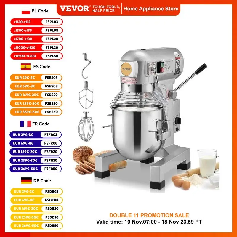 VEVOR Robot Pâtissier Commercial Batteur Mélangeur 18,7 L 3 Vitesses