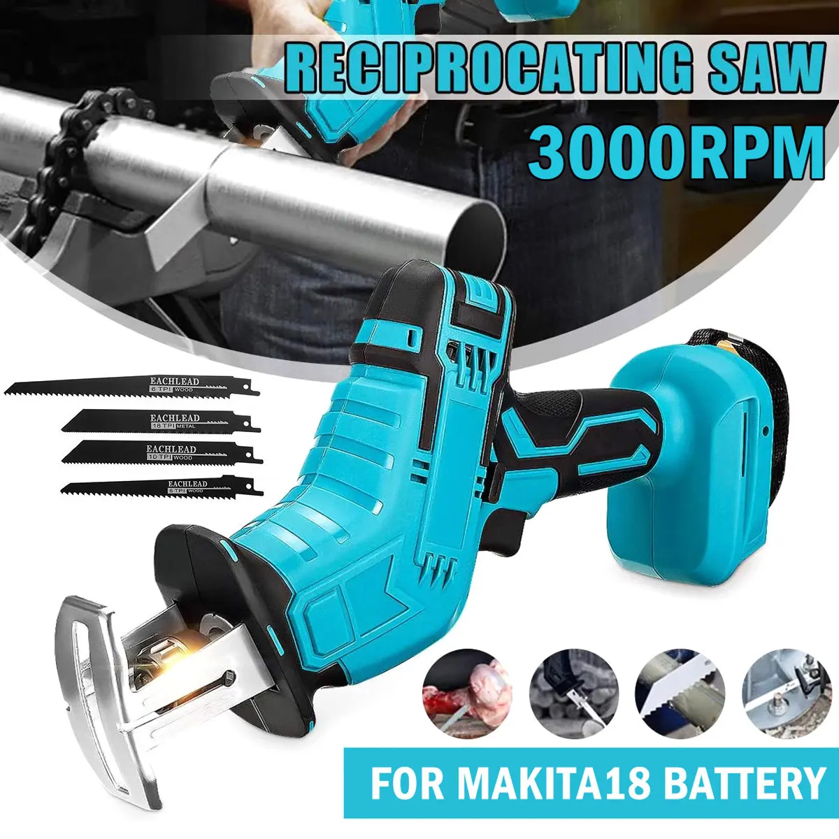 

Cordless Reciprocating Saw Electric Saw With LED Light 4 Blades 18V Portable Reciprocating Saw Kit Variable Speed Cutting Tool