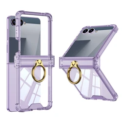 Luxury Ring Holder Phone Case with Hinge Protection - Clear Shockproof Transparent Back Cover - Galaxy Z Flip7 FE (Purple)