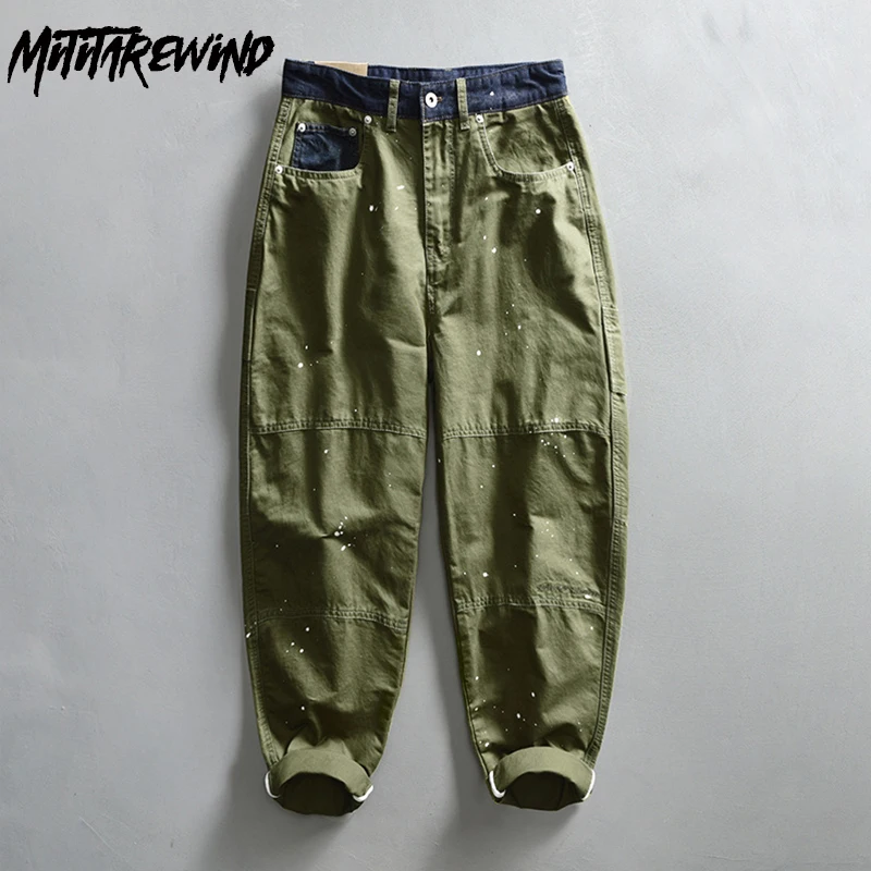 

New Arrival Men's Pants Casual Army Green Cargo Pants Pure Cotton Splash Ink Design Baggy Trousers Youth Korean Popular Clothes