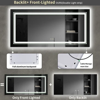 Extra Large Rectangle Bathroom Mirror LED Vanity Dimmable Backlit Anti-Fog Memory with Front and Backlight Shatter-Proof 4