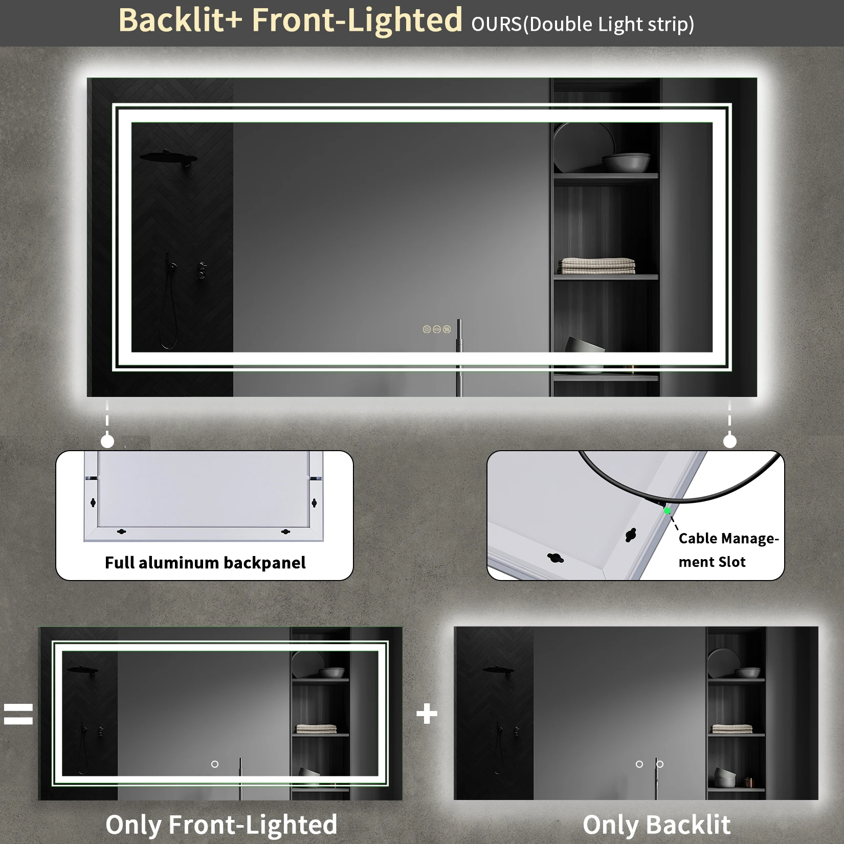 Extra Large Rectangle Bathroom Mirror LED Vanity Dimmable Backlit Anti-Fog Memory with Front and Backlight Shatter-Proof 4
