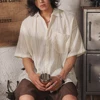 Men Casual Loose Hollow Out Short Sleeve Shirts with pockets Retro Fashion Vacation/Daily All-Match Tops Solid Color 2