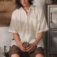 Men Casual Loose Hollow Out Short Sleeve Shirts with pockets Retro Fashion Vacation/Daily All-Match Tops Solid Color 2