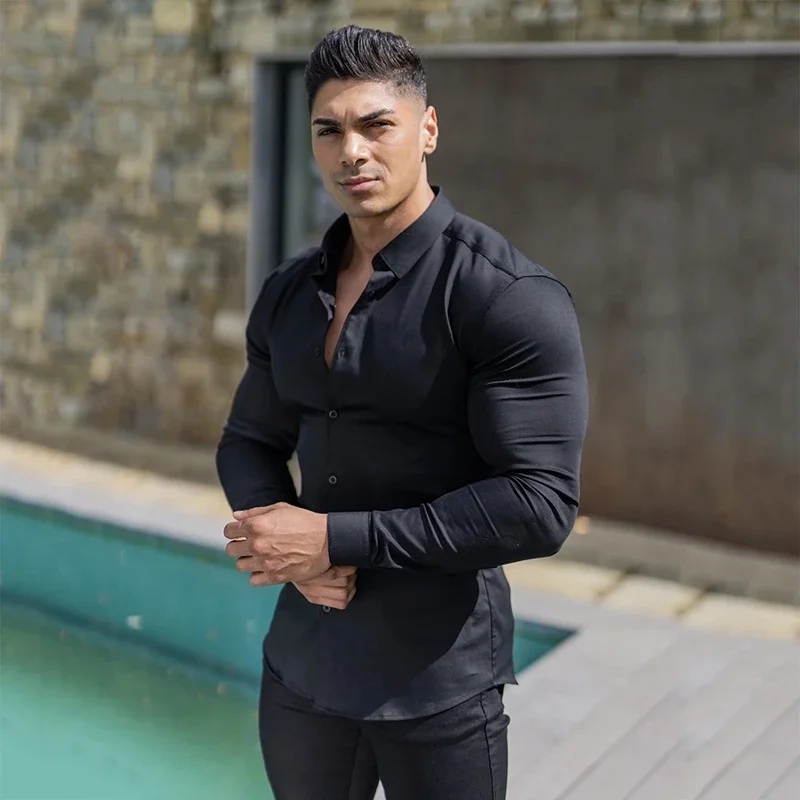 Men Fashion Casual Long Sleeve Solid Shirt Super Slim Fit Male Social Business Dress Shirt Fitness Sports Clothing dress shirts men casual shirts