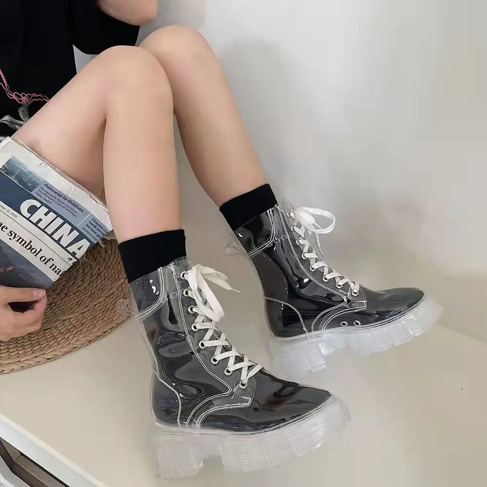 2021 Cool Fashion Women Transparent Platform Boots Waterproof Ankle Boots Feminine Clear Heel Short Boots Sexy Female Rain Shoes 