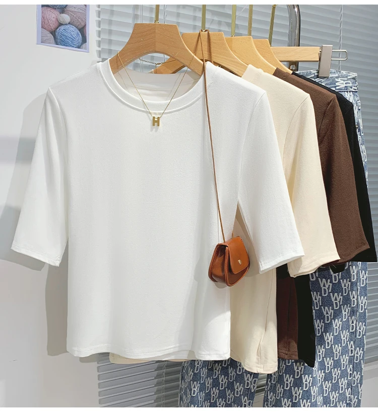Cotton Womens Crew Neck T-Shirt - Summer Short Sleeve Basic Top