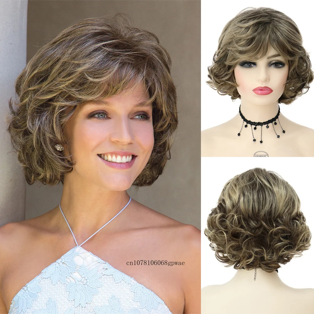 Synthetic Women's Bob Wig Short Curly Haircut Natural Stylish Daily Ladies Mommy Wig with Bangs Fluffy Blonde Mix Brown Hair