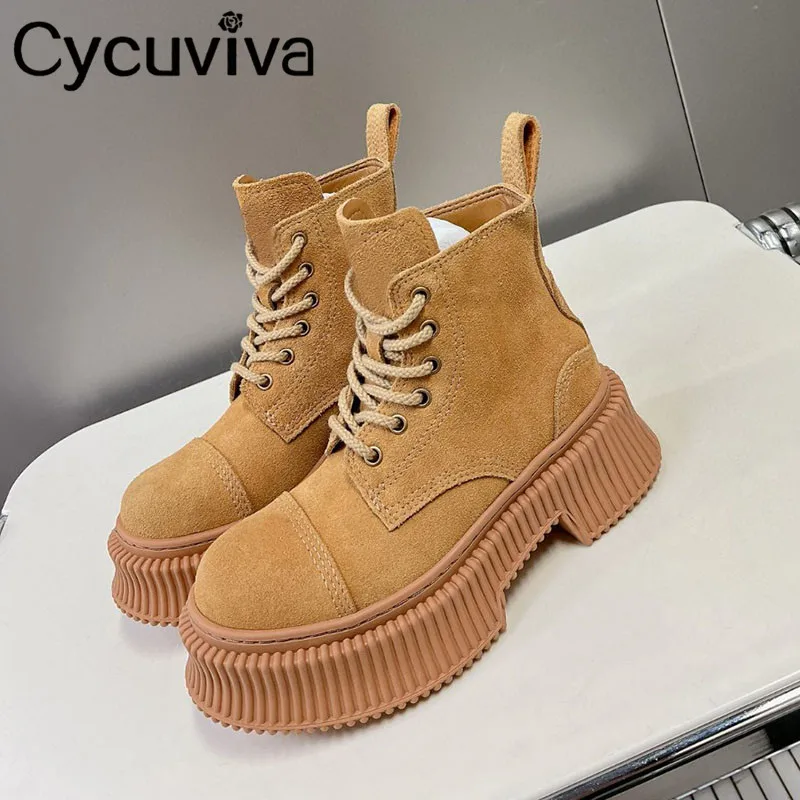 

Thick Sole Lace Up Mid Calf Boots For Women Brown Suede Motorcycle Boots Winter Designer Platform Shoes Flat Heel Knight Boots