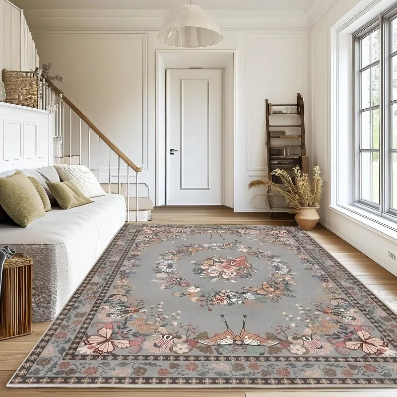 Vintage Living Room Carpet Large Area Butterfly Floral Print Bedroom Rugs Machine Washable Non-slip Soft Coffee Table Mats Tapis