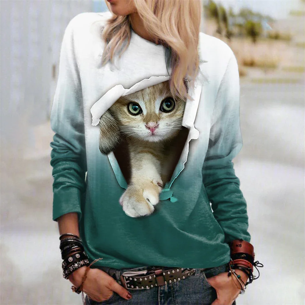 Women Sweater T Shirt Fashion Cat Tops Harajuku Long Sleeve 3d T