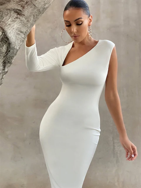 Bandage Dress for Women 2022 Summer White Midi Bodycon Dress Elegant Sexy One Shoulder Evening Party Dress Club High Quality 4