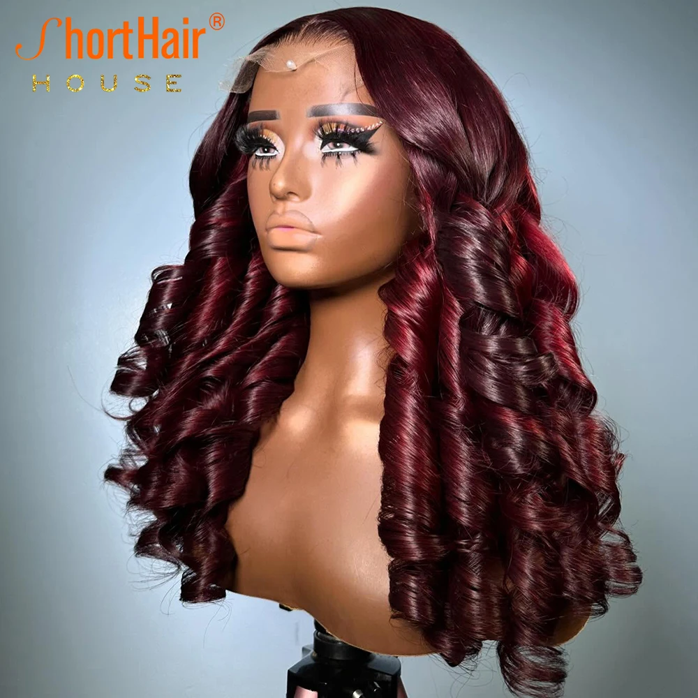 Brazilian Deep Wave 99J Burgundy Lace Front Human Hair Wigs Invisible Strap 360 Full Wigs Loose Wave Pre-Cut Glueless Wig