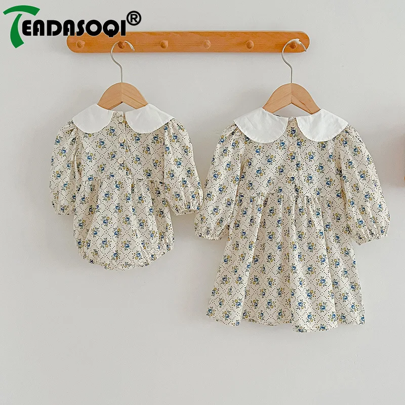 

2023 Autumn New In Dress Children Clothing Sister and Me Clothing Newborn Baby Girls Full Sleeve Floral Bodysuits or Knee-length