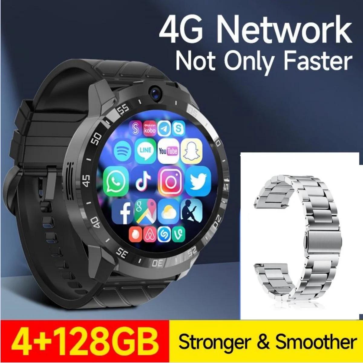 듀얼 카메라 안드로이드 스마트 워치, 128G ROM 스틸 스트랩, 1000Mah 배터리 보조배터리, GPS 와이파이, 구글 플레이 스토어 스마트 손목 시계