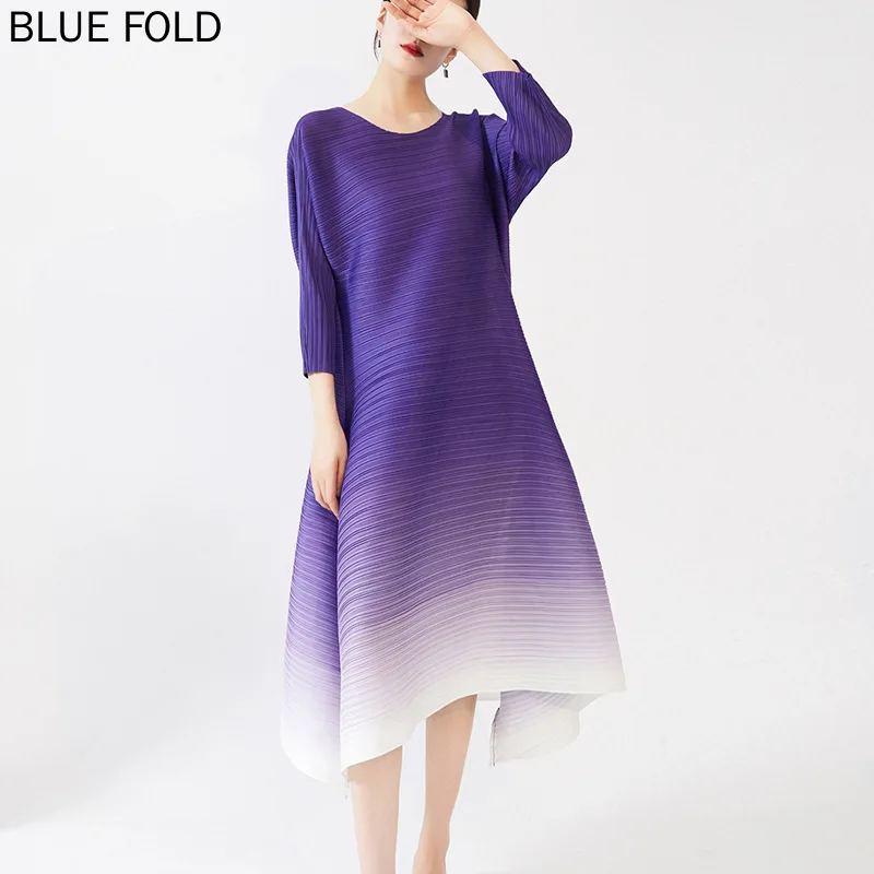 

Miyake Pleated Mid-length Gradient Dress Women's Summer New Loose Drape High Waist Dress PLEATS Vestido Robe Ropa Mujer