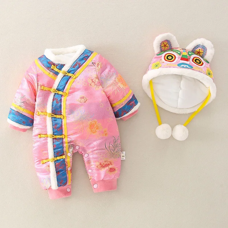 0-18M Newborn Baby Chinese Traditional Hanfu For Infant Embroidery Tang Suit Tiger Hat Romper Red New Year Outfits