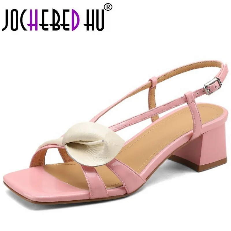 

【JOCHEBED HU】Women Genuine Leather Gladiator Sandals Thick Heel Sandals Mid Heels Buckle Flower Ladies Footwear Summer 34-40