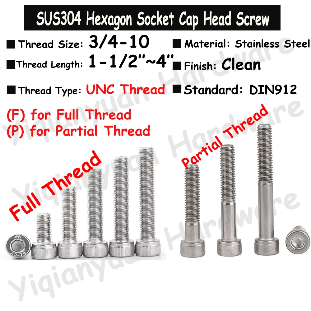 

Yiqianyuan DIN912 UNC 3/4-10 SUS304 Stainless Steel Hexagon Socket Knurled Cap Head Screws Allen Key Bolts Full/Partial Threaded