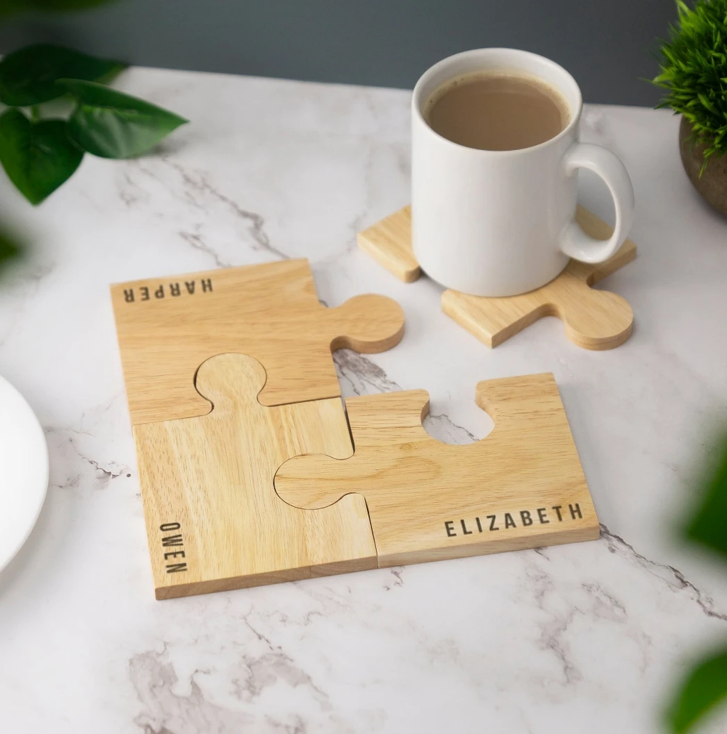 

Personalized Wood Coasters Wooden Jigsaw, Custom Name Engraved Gift Wedding Birthday Family Christmas Puzzle Coaster