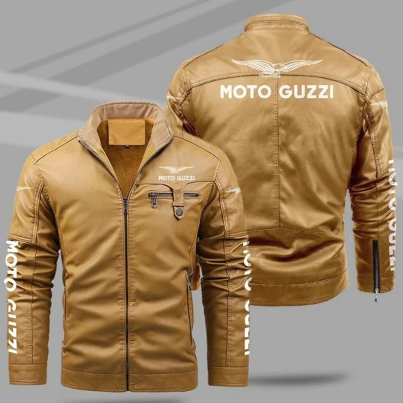 NEW Men's casual PU Leather Winter MOTO guzzi Logo velvet Fashion Motorcycle Zipper Long Sleeve Jacket Outwear Keep Warm Coat 2