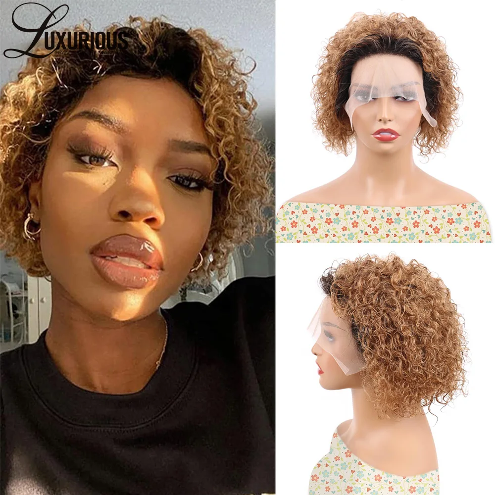 

13x1 Short Pixie Cut Lace Front Wig Ombre Curly Pre Plucked Wig For Women Brazilian Human Hair Hd Transparent Lace Frontal Wigs