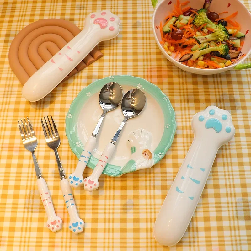 Set Dinnerware Portable Cat Paw Knifes Fork Spoon Stainless Steel Family Camping Steak Cutlery Tableware with Storage Box 3/2Pcs