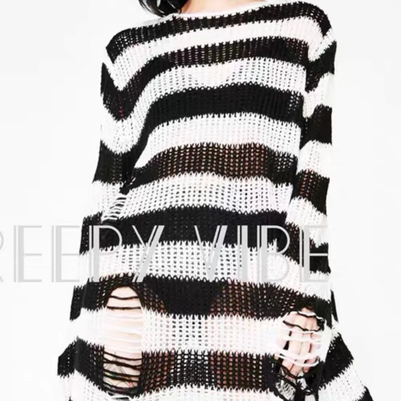 New Punk Gothic Long Unisex Sweater Summer Women Striped Cool Hollow Out Hole Broken Jumper Loose Rock Thin Dark Streetwear Top 4