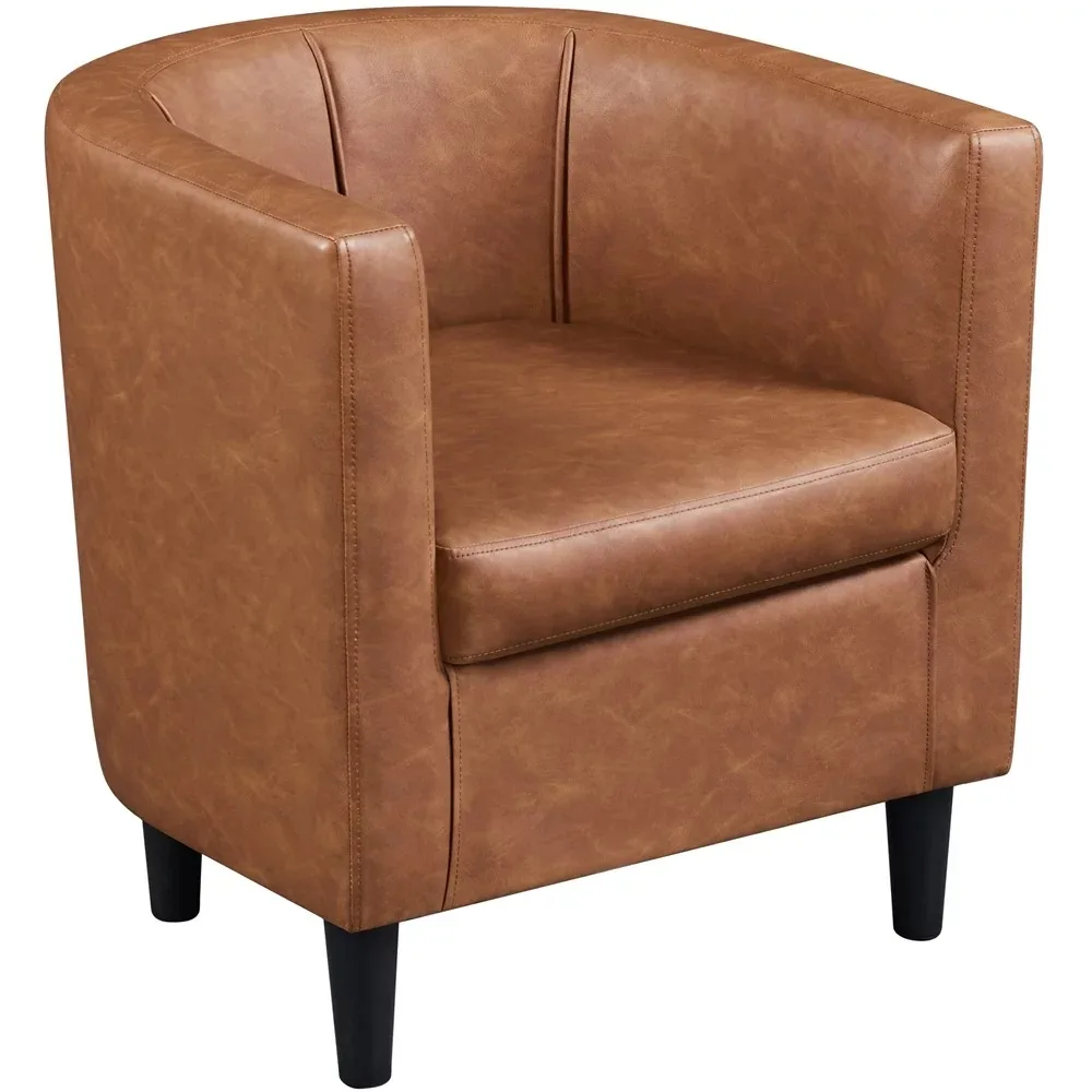 

Brown Backrest Chair Leather Upholstered Barrel Club Chair Living Room Chairs Single Sofa Furniture Lounge Recliner Home