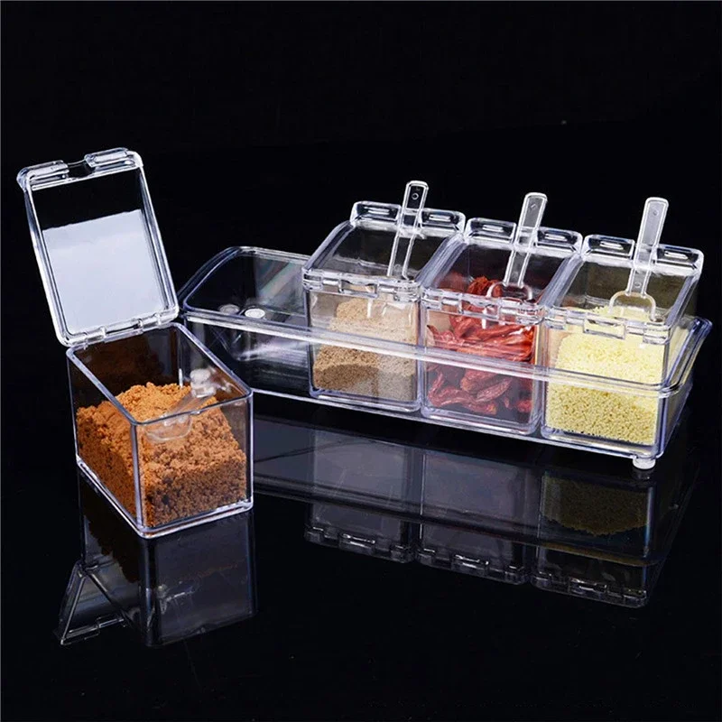 Condiment Jar Kitchen Utensils Kitchen Gadget Seasoning Box 4-compartment Combination PS Highly Transparent Condiment Jar Box
