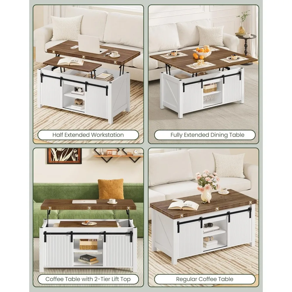 39.4" Lift Top Coffee Table, 4 in 1 Coffee Table, Farmhouse Convertible Coffee Tables, with Hidden Compartments, with Sliding Do 4